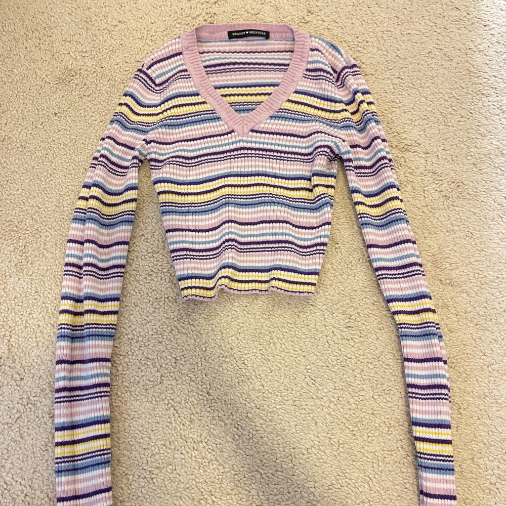 Brandy Melville Purple and Yellow Striped Cropped Sweater